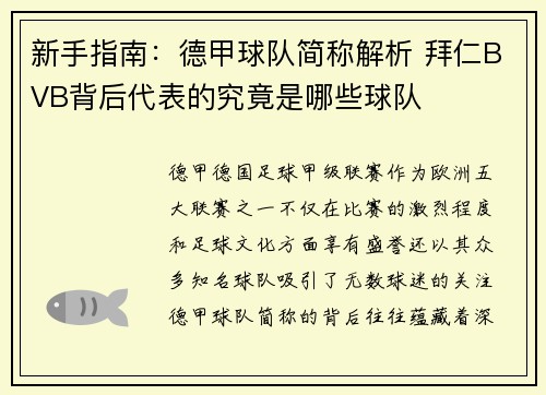 新手指南：德甲球队简称解析 拜仁BVB背后代表的究竟是哪些球队